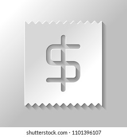 Receipt with dollar symbol. Paper style with shadow on gray background