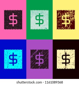Receipt with dollar symbol. Pop art style. Scratched icons on 6 colour backgrounds. Seamless pattern