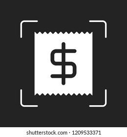 Receipt with dollar symbol. White object in camera autofocus on dark background