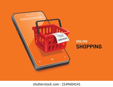 El recibo estaba cubierto por un carrito de la compra roja y todo flotado en la pantalla del smartphone, vector 3d aislado en el fondo naranja para el diseño del concepto de promoción de compras en línea