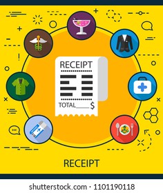 Receipt flat icons concept. Vector illustration. Element template for design.