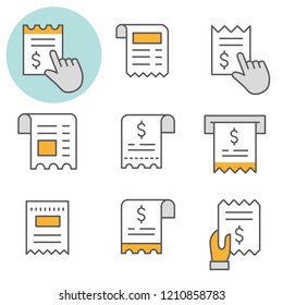 Receipt flat line icons. Set of purchase, shop, bill, payment and more. Editable Stroke. Change to any size and any colour.