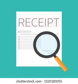 Receipt flat vector illustration with magnification glass on green background
