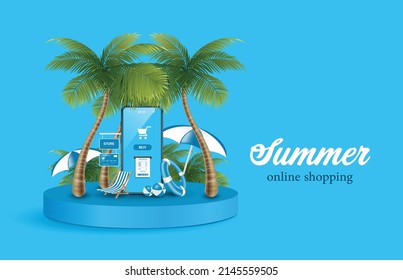 Receipt flows from the smartphone screen after pressing the online purchase button and there are coconut trees all around All were placed on a round podium,vector 3d for online shopping summer concept