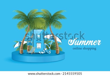 Receipt flows from the smartphone screen after pressing the online purchase button and there are coconut trees all around All were placed on a round podium,vector 3d for online shopping summer concept