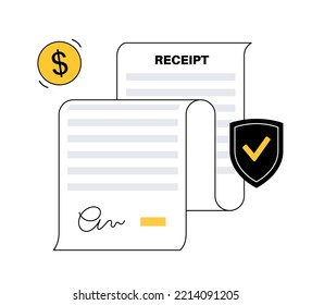 Receipt form template. Payment process, paper check concept. Income, bill and taxation. Financial document with text, stamp and signature. Purchase, transaction and business flat vector illustration