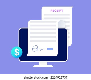 Receipt form template. Payment process on computer, online check. Income, bill and taxation. Financial document with text, stamp and signature. Electronic technology in business vector illustration