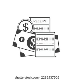 Receipt icon with cash and coin. Paper bill in simple style.
