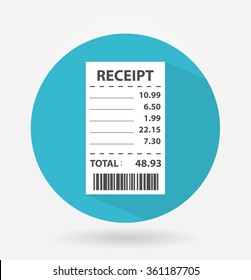 Receipt icon. Circle shaped icon with long shadow