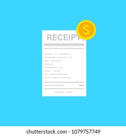 Receipt icon with coin in a flat style isolated on a colored background. Invoice sign. Bill atm template or restaurant paper financial check. Concept Paper receipts icons