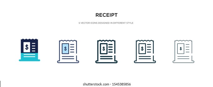 receipt icon in different style vector illustration. two colored and black receipt vector icons designed in filled, outline, line and stroke style can be used for web, mobile, ui
