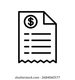 Ícone de recebimento com um símbolo de dólar representando faturamento, pagamentos ou transações, normalmente usado em aplicativos financeiros ou sistemas de processamento de pagamento