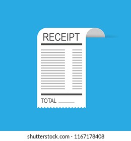 Receipt icon in a flat style isolated on a colored background. Invoice sign. Bill atm template or restaurant paper financial check.  Vector stock illustration.