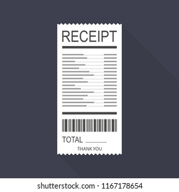 Receipt icon in a flat style isolated on a colored background. Invoice sign. Bill atm template or restaurant paper financial check.  Vector stock illustration.