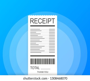 Receipt icon in a flat style isolated on a colored background. Invoice sign. Bill atm template or restaurant paper financial check.  Vector stock illustration.