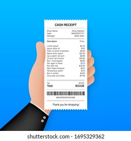 Receipt icon in a flat style isolated on a colored background. Invoice sign. Bill atm template or restaurant paper financial check. Vector stock illustration.