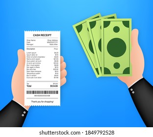 Receipt icon in a flat style isolated on a colored background. Invoice sign. Bill atm template or restaurant paper financial check