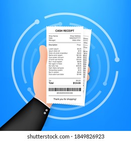 Icono de recepción en un estilo plano aislado en un fondo de color. Signo de factura. Plantilla de Bill Atm o cheque financiero en papel de restaurante. Ilustración de material vectorial