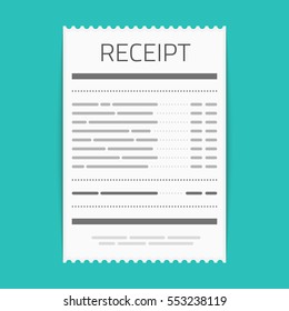 Receipt icon in a flat style isolated on a colored background. Invoice sign. Bill atm template or restaurant paper financial check. Concept Paper receipts icons. 