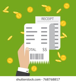 Receipt icon, flat style isolated on background. Invoice sign. Bill atm, financial check.Paper receipts icon. Vector