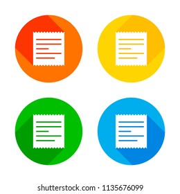 Receipt icon. Flat white icon on colored circles background. Four different long shadows in each corners