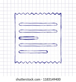Receipt icon. Hand drawn picture on paper sheet. Blue ink, outline sketch style. Doodle on checkered background