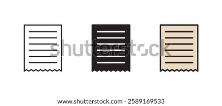 Receipt icon, Invoice paper sign, digital receipt pictogram. Paper check, online payment and purchase, order document, total bill, tax report. Vector.