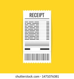 Receipt icon. Invoice sign. Bill atm template or restaurant paper financial check. Vector illustration.