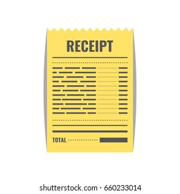Receipt icon. Invoice sign. Bill atm template or restaurant paper financial check. Flat cartoon style. Vector illustration.