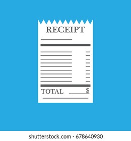 Receipt icon. Invoice sign. Bill atm template or restaurant paper financial check. Flat cartoon style. Vector illustration.
