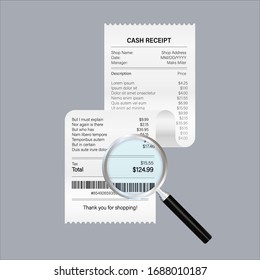 Receipt icon with magnifying glass. Studying paying bill. Payment of goods,service, utility, bank, restaurant. Vector stock illustration.
