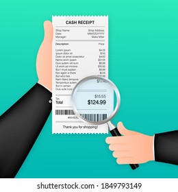 Receipt icon with magnifying glass. Studying paying bill. Payment of goods,service, utility, bank, restaurant. Vector stock illustration.