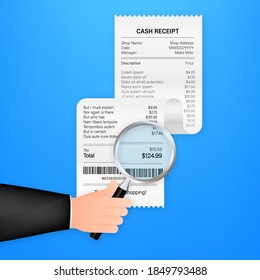 Receipt icon with magnifying glass. Studying paying bill. Payment of goods,service, utility, bank, restaurant. Vector stock illustration.