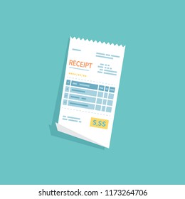 Receipt icon. Paper check, invoice, bill, order. Payment of goods, service, utility, restaurant. Paper financial symbol in flat style. Isolated on a colored background.