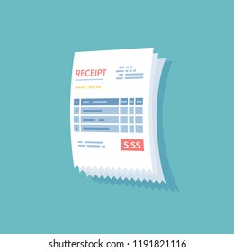 Receipt icon. Paper check, invoice, bill, order. Payment of goods, service, utility, restaurant. Paper financial symbol in flat style. Vector illustration isolated on a colored background.