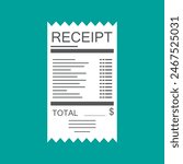 Receipt icon. Paper invoice. Total bill with dollar symbol. Vector illustration in flat style