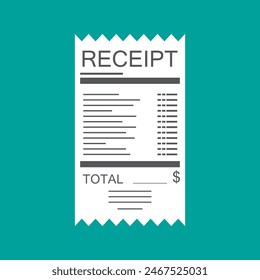 Receipt icon. Paper invoice. Total bill with dollar symbol. Vector illustration in flat style