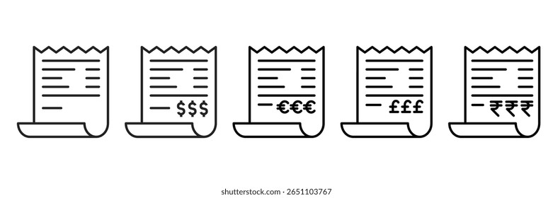Receipt Icon Set With Different Currencies
