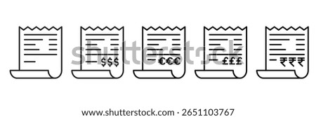 Receipt Icon Set With Different Currencies