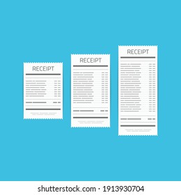 Receipt icon set in a flat style isolated on a colored background. Invoice sign. Bill atm template or restaurant paper financial check. Concept Paper receipts icons. 