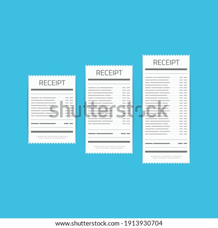 Receipt icon set in a flat style isolated on a colored background. Invoice sign. Bill atm template or restaurant paper financial check. Concept Paper receipts icons. 