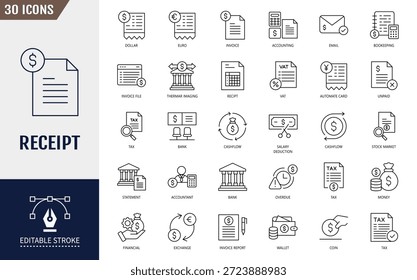 Receipt icon set. Invoice, bill, tax, paid, statement, accounting, transaction, barcode, financial and more. Editable stroke. Vector illustration