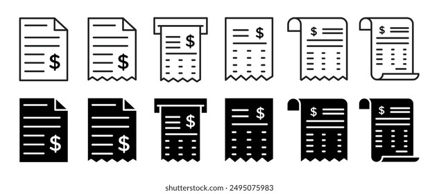 Receipt icon set. order bill payment receipt vector symbol. transaction paper icon. total cost invoice reciept document. payroll sign.