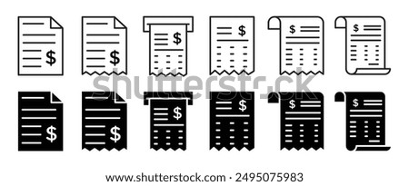 Receipt icon set. order bill payment receipt vector symbol. transaction paper icon. total cost invoice reciept document. payroll sign.