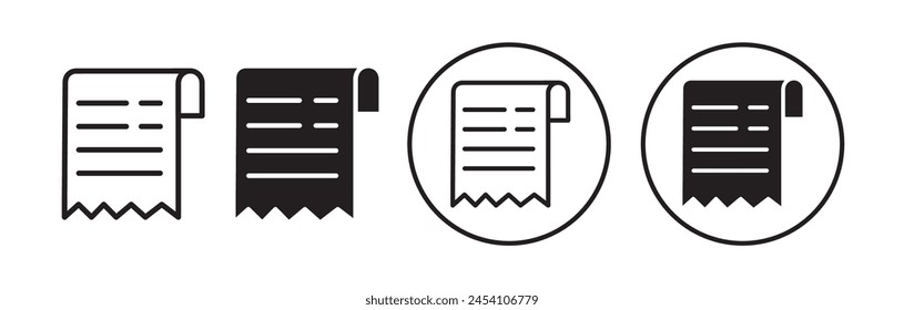 Receipt icon set. Tax payment receipt vector symbol. Order purchase invoice sign.