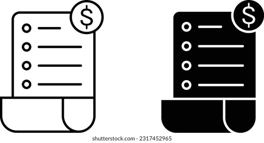 Receipt icon sheet, simple trendy flat style line and solid Isolated vector illustration on white background. For apps, logo, websites, symbol , UI, UX, graphic and web design. EPS 10.