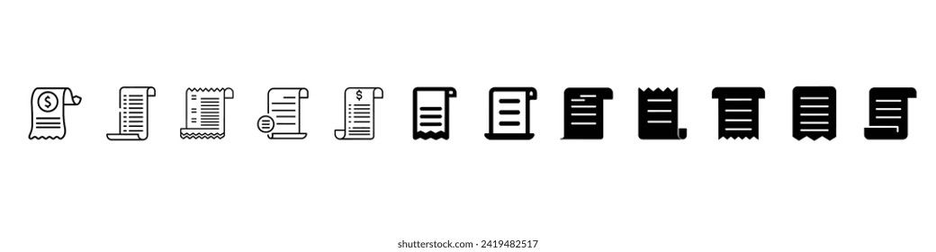 Icon-Vektorgrafik empfangen. Einkaufs-Quittungssymbol, Rechnungssymbol, Zahlungs- und Rechnungsrechnung, Empfangssymbole. Rechnungsbeleg-Symbol, Symbol für Zahlungsmethoden, Lieferschein