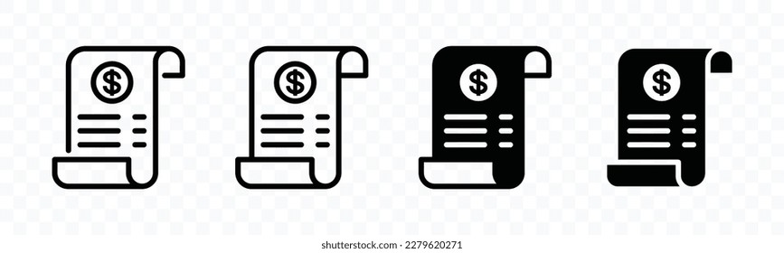 Receipt icon vector. Shopping receipt, list, voucher, invoice, payment bill and other. Paper receipt in line and flat style for apps and websites, vector illustration