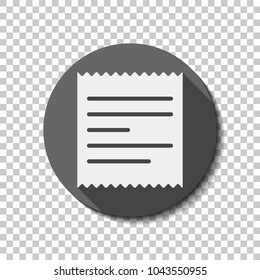 Receipt icon. White flat icon with long shadow in circle on transparent background