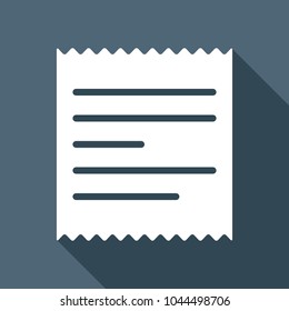 Receipt icon. White flat icon with long shadow on background
